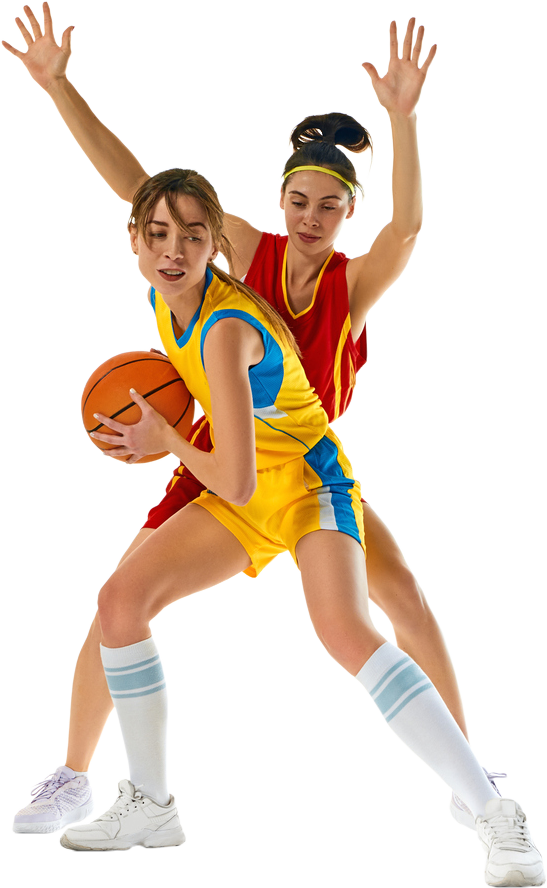 Young women in colorful sportswear, basketball players in motion with ball - GettyImages-2158080120 copy